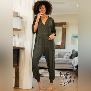 Natural Life Charlie Oversized One Piece Cotton Jumpsuit Charcoal Gray Green XS